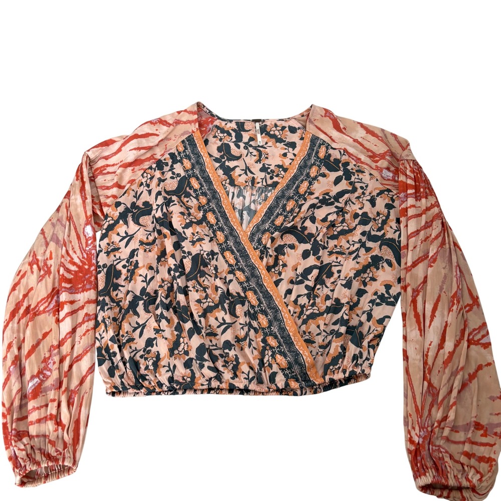 Free People Floral Wrap Blouse Mixed Print Cropped Boho Top XS Orange Bl. Dressy